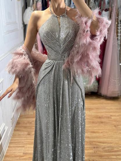 Luxury Silver Halter Feather Beaded Pleated A Line Evening Dress LA73823