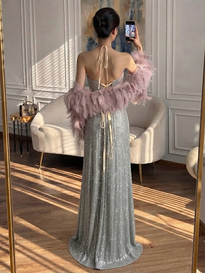Luxury Silver Halter Feather Beaded Pleated A Line Evening Dress LA73823