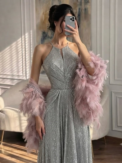 Luxury Silver Halter Feather Beaded Pleated A Line Evening Dress LA73823