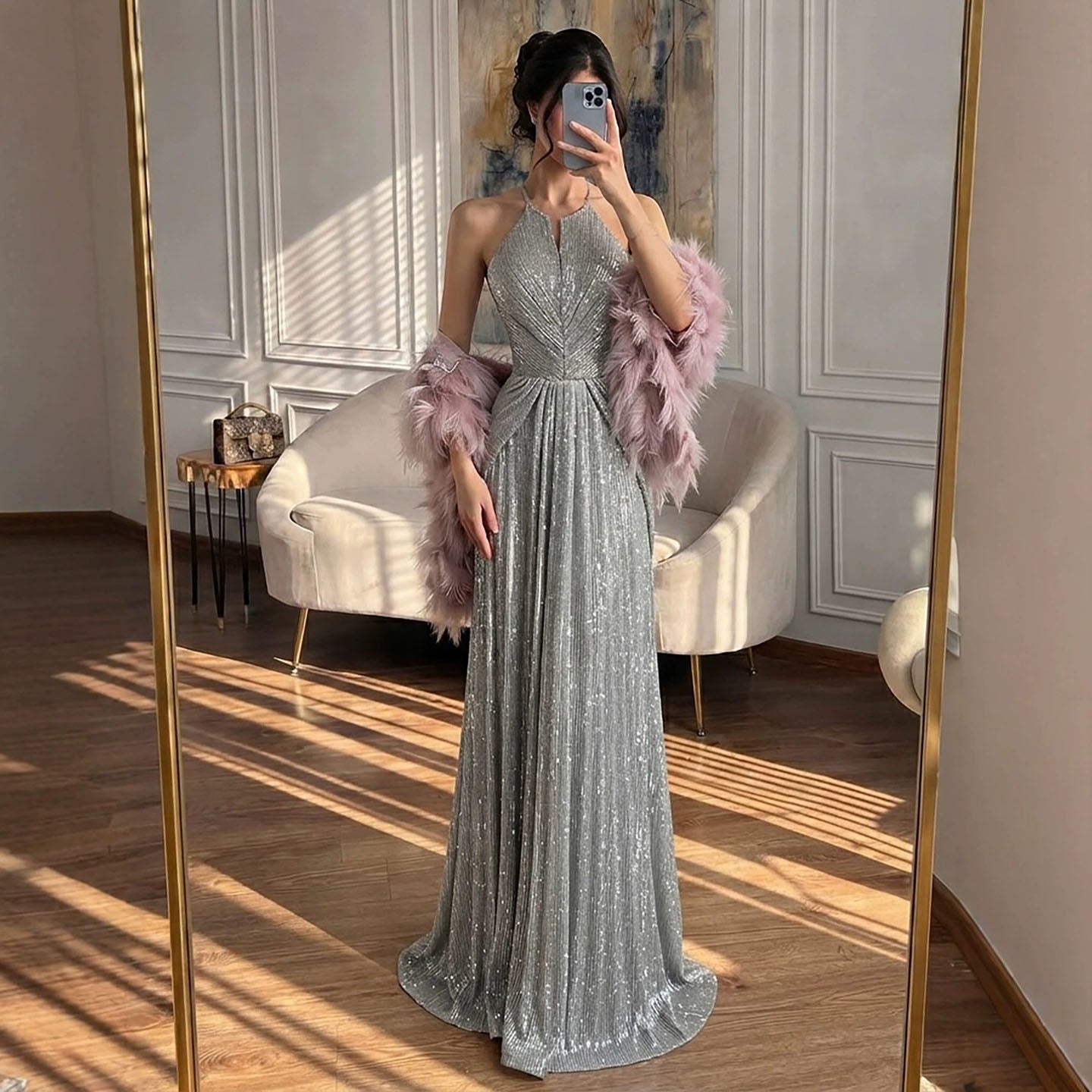 Luxury Silver Halter Feather Beaded Pleated A Line Evening Dress LA73823