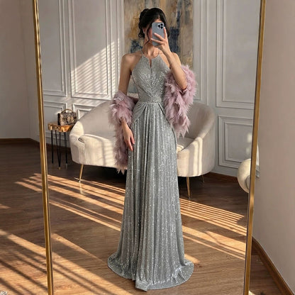 Luxury Silver Halter Feather Beaded Pleated A Line Evening Dress LA73823