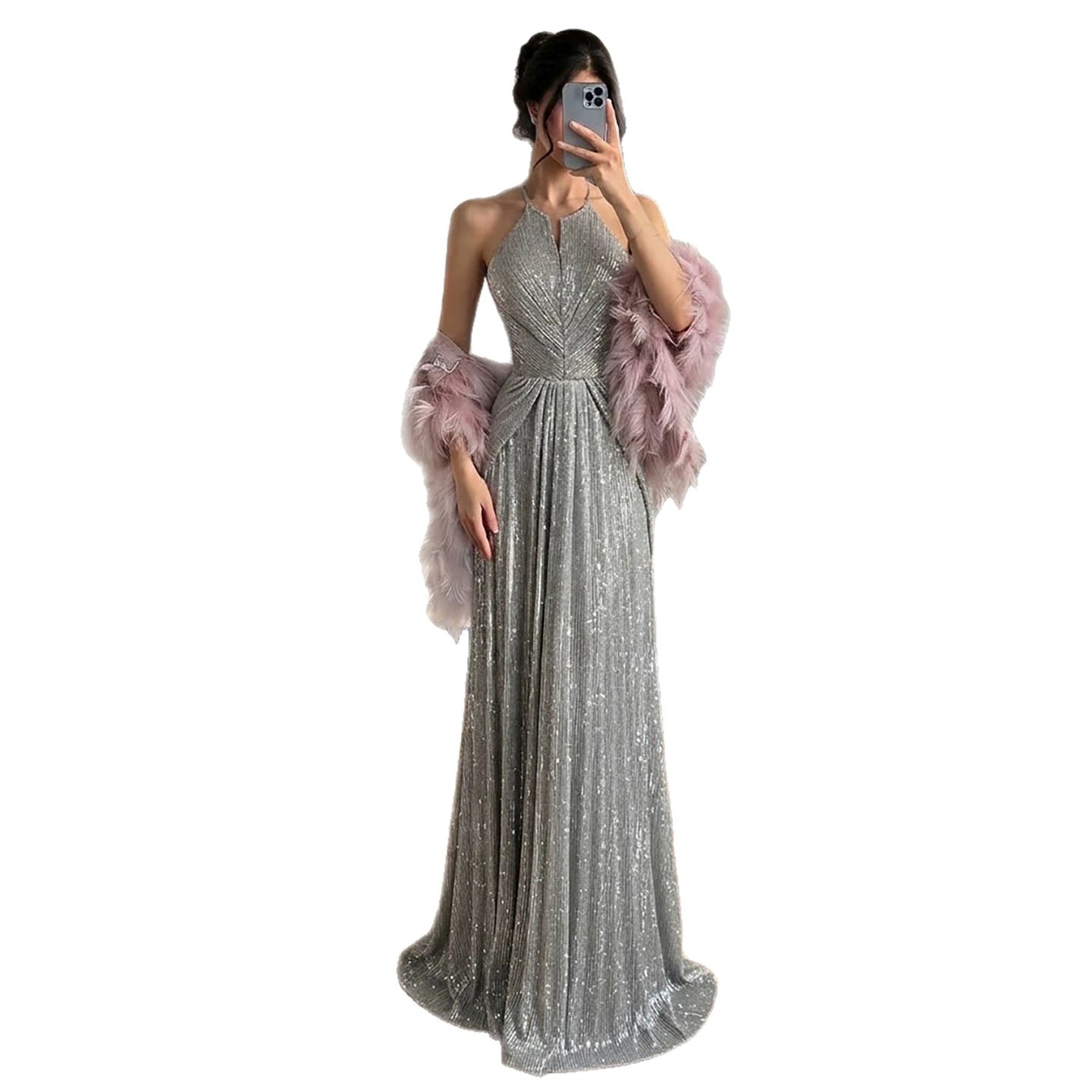 Luxury Silver Halter Feather Beaded Pleated A Line Evening Dress LA73823