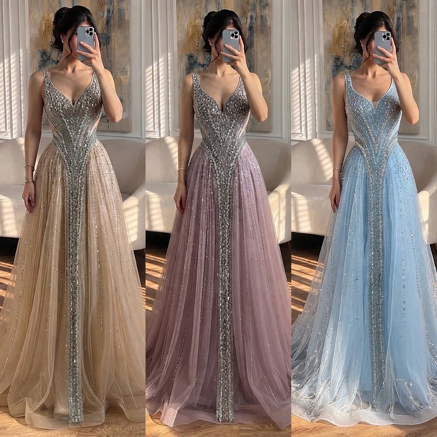 Luxury Light Blue Crystal Beaded V Neck A Line Evening Dress LA73824 SERENE HILL