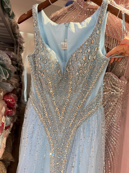 Luxury Light Blue Crystal Beaded V Neck A Line Evening Dress LA73824 SERENE HILL