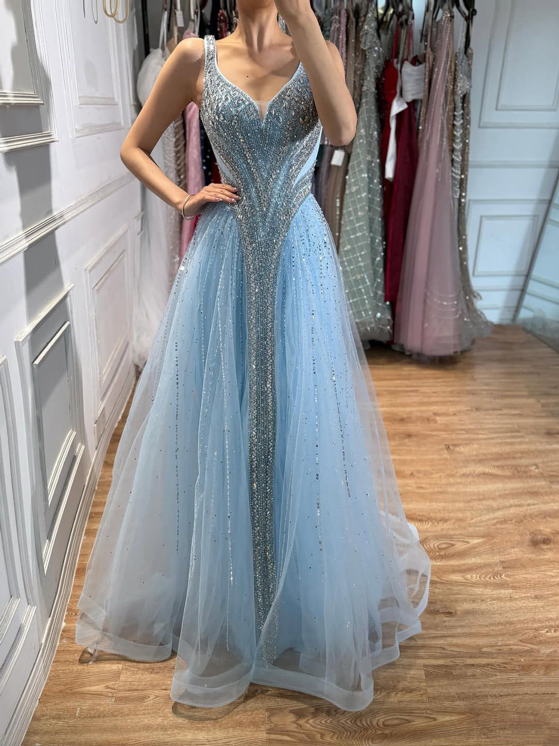 Luxury Light Blue Crystal Beaded V Neck A Line Evening Dress LA73824 SERENE HILL