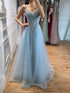 Luxury Light Blue Crystal Beaded V Neck A Line Evening Dress LA73824 SERENE HILL