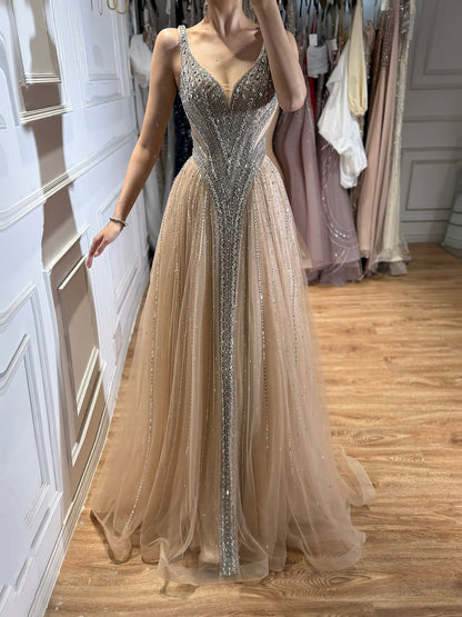 Luxury Light Blue Crystal Beaded V Neck A Line Evening Dress LA73824 SERENE HILL