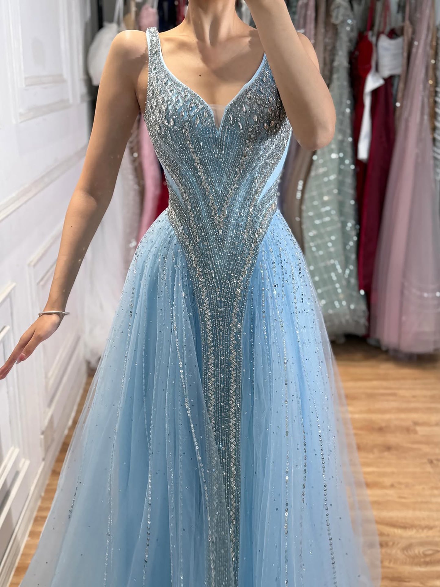 Luxury Light Blue Crystal Beaded V Neck A Line Evening Dress LA73824 SERENE HILL