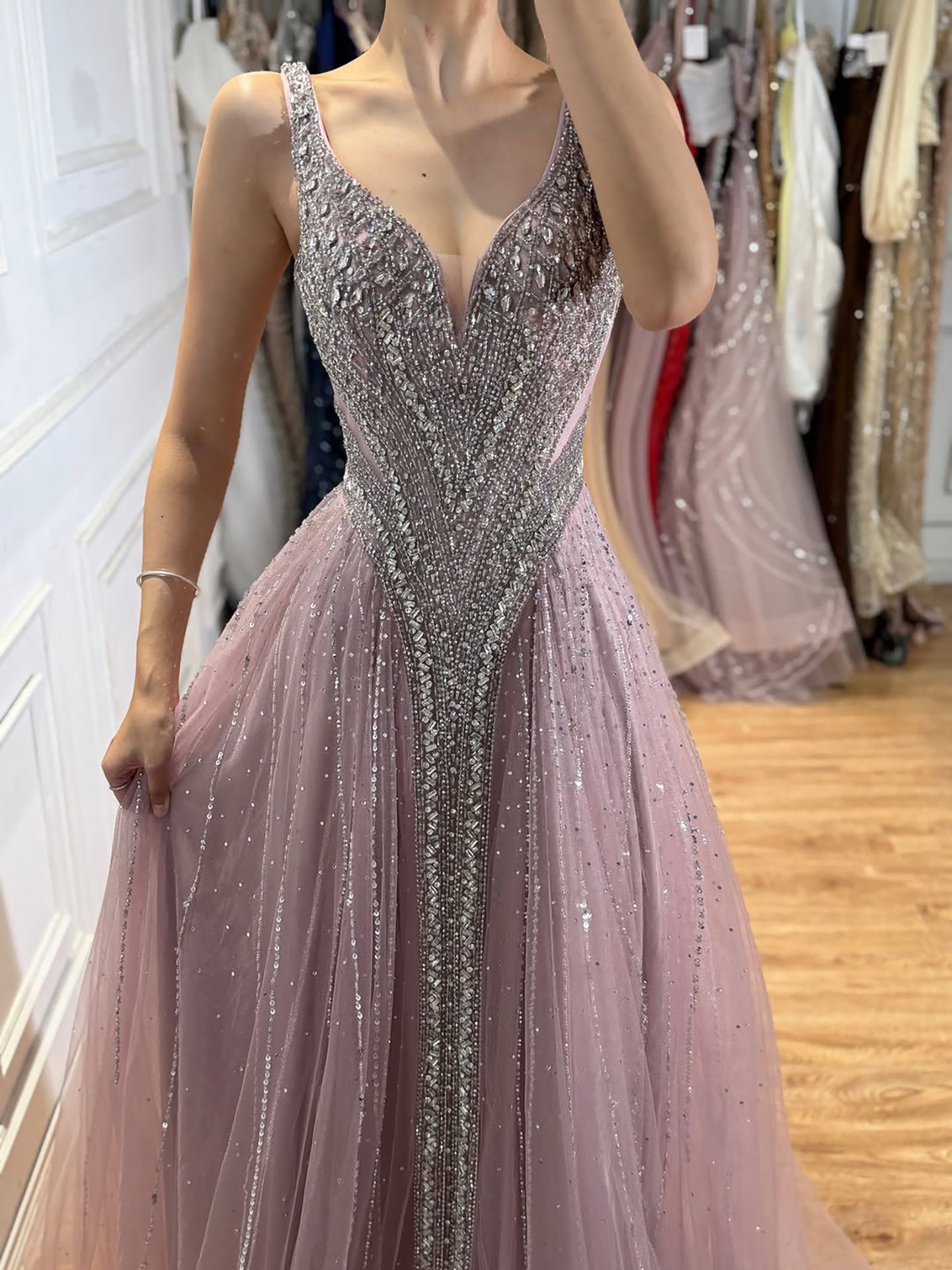 Luxury Light Blue Crystal Beaded V Neck A Line Evening Dress LA73824 SERENE HILL