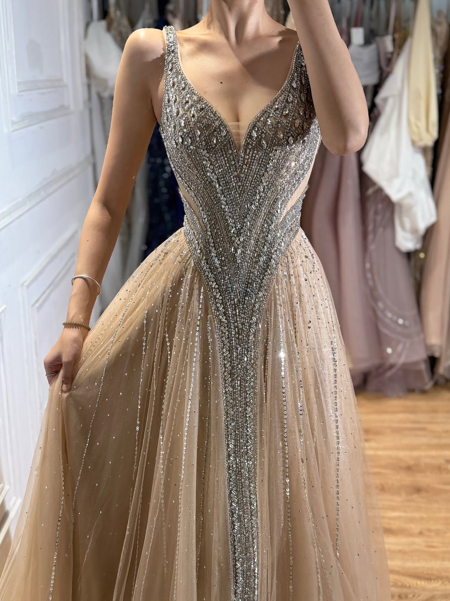 Luxury Light Blue Crystal Beaded V Neck A Line Evening Dress LA73824 SERENE HILL