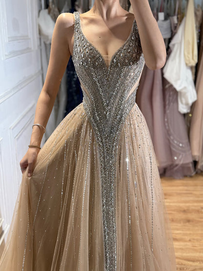 Luxury Light Blue Crystal Beaded V Neck A Line Evening Dress LA73824 SERENE HILL