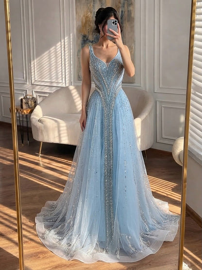 Luxury Light Blue Crystal Beaded V Neck A Line Evening Dress LA73824 SERENE HILL