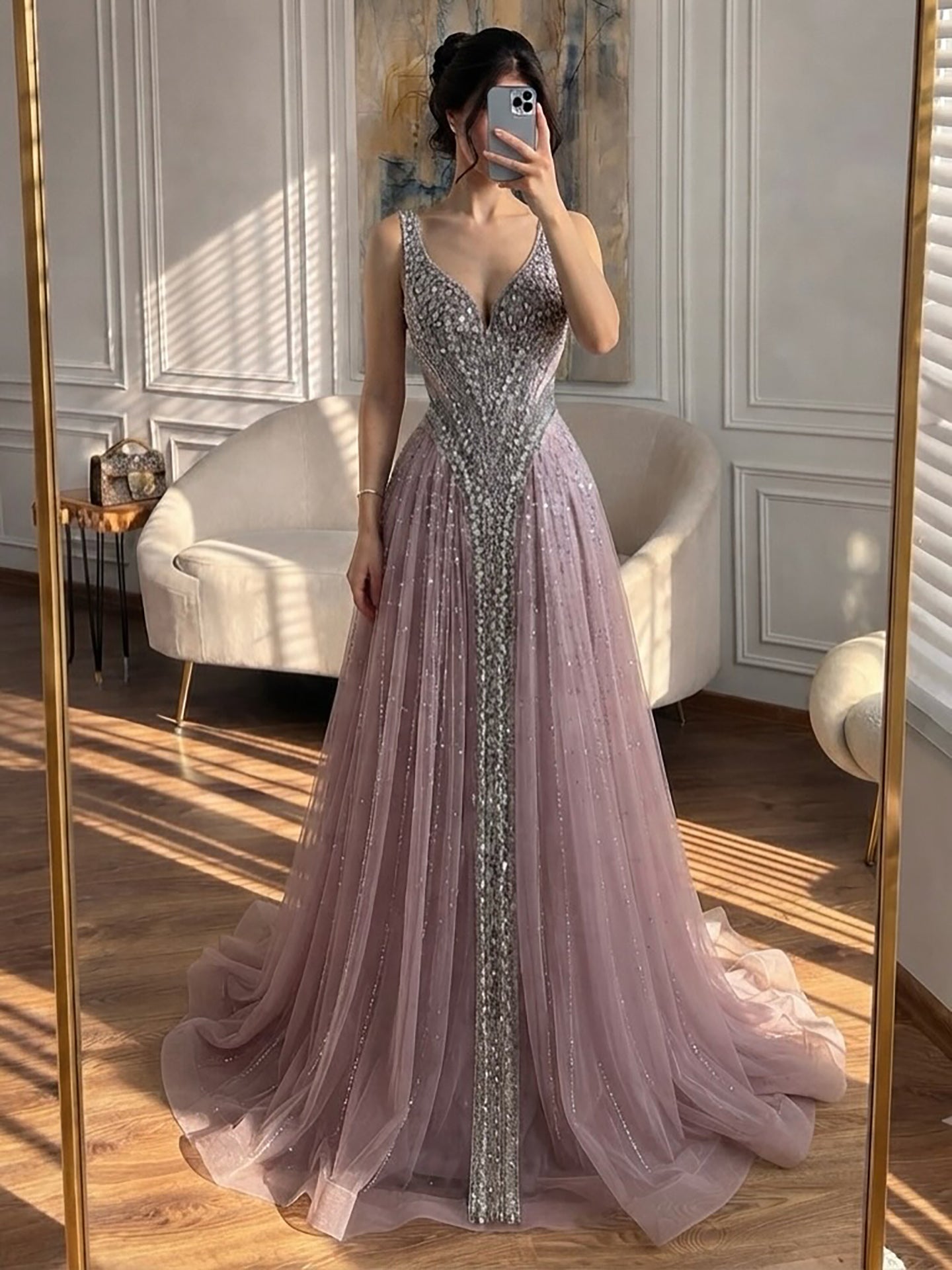 Luxury Light Blue Crystal Beaded V Neck A Line Evening Dress LA73824 SERENE HILL