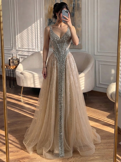 Luxury Light Blue Crystal Beaded V Neck A Line Evening Dress LA73824 SERENE HILL