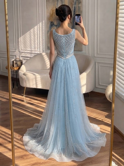 Luxury Light Blue Crystal Beaded V Neck A Line Evening Dress LA73824 SERENE HILL