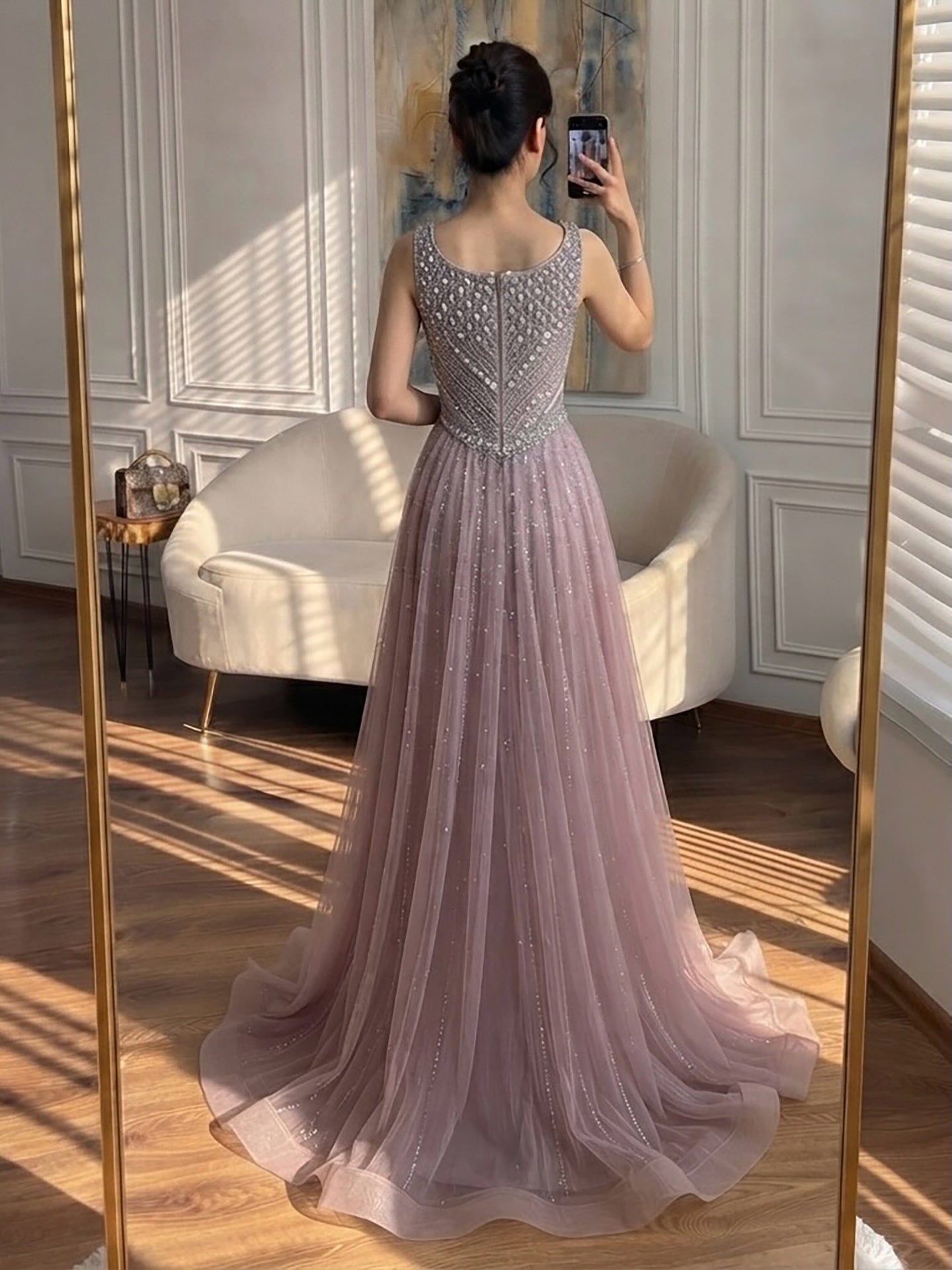 Luxury Light Blue Crystal Beaded V Neck A Line Evening Dress LA73824 SERENE HILL