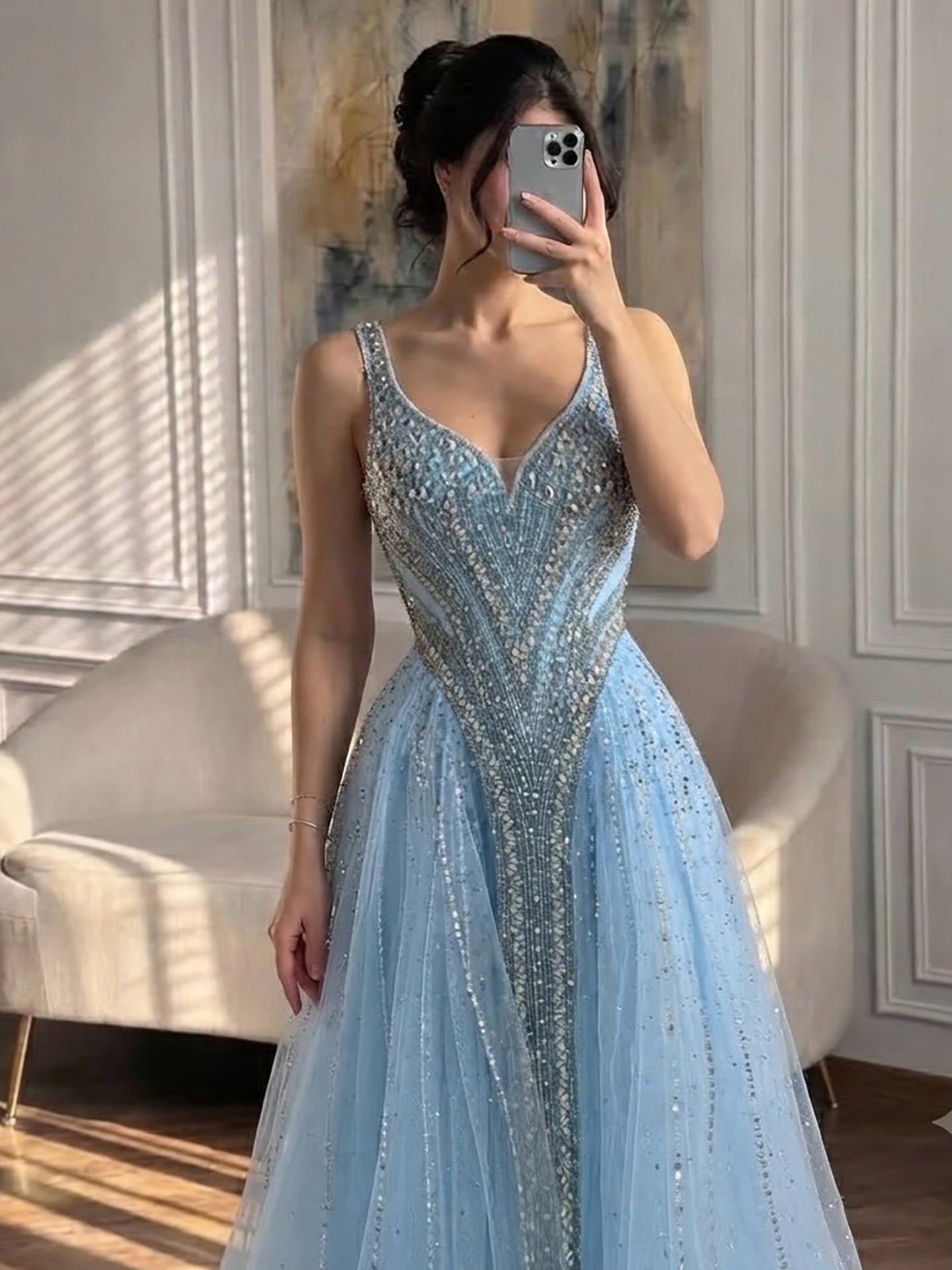 Luxury Light Blue Crystal Beaded V Neck A Line Evening Dress LA73824 SERENE HILL