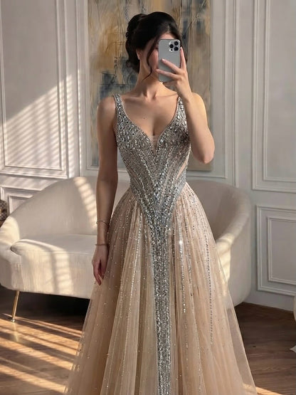 Luxury Light Blue Crystal Beaded V Neck A Line Evening Dress LA73824 SERENE HILL