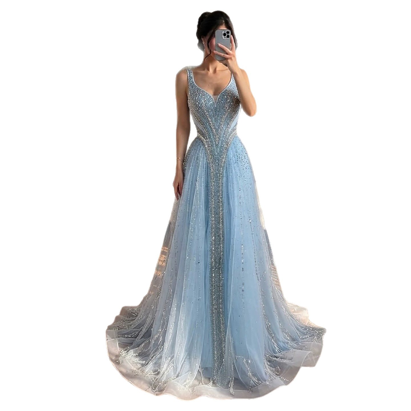 Luxury Light Blue Crystal Beaded V Neck A Line Evening Dress LA73824 SERENE HILL
