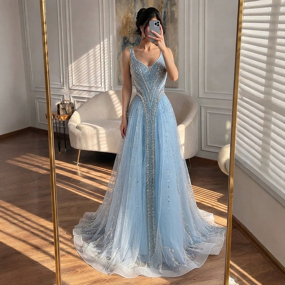 Luxury Light Blue Crystal Beaded V Neck A Line Evening Dress LA73824 SERENE HILL