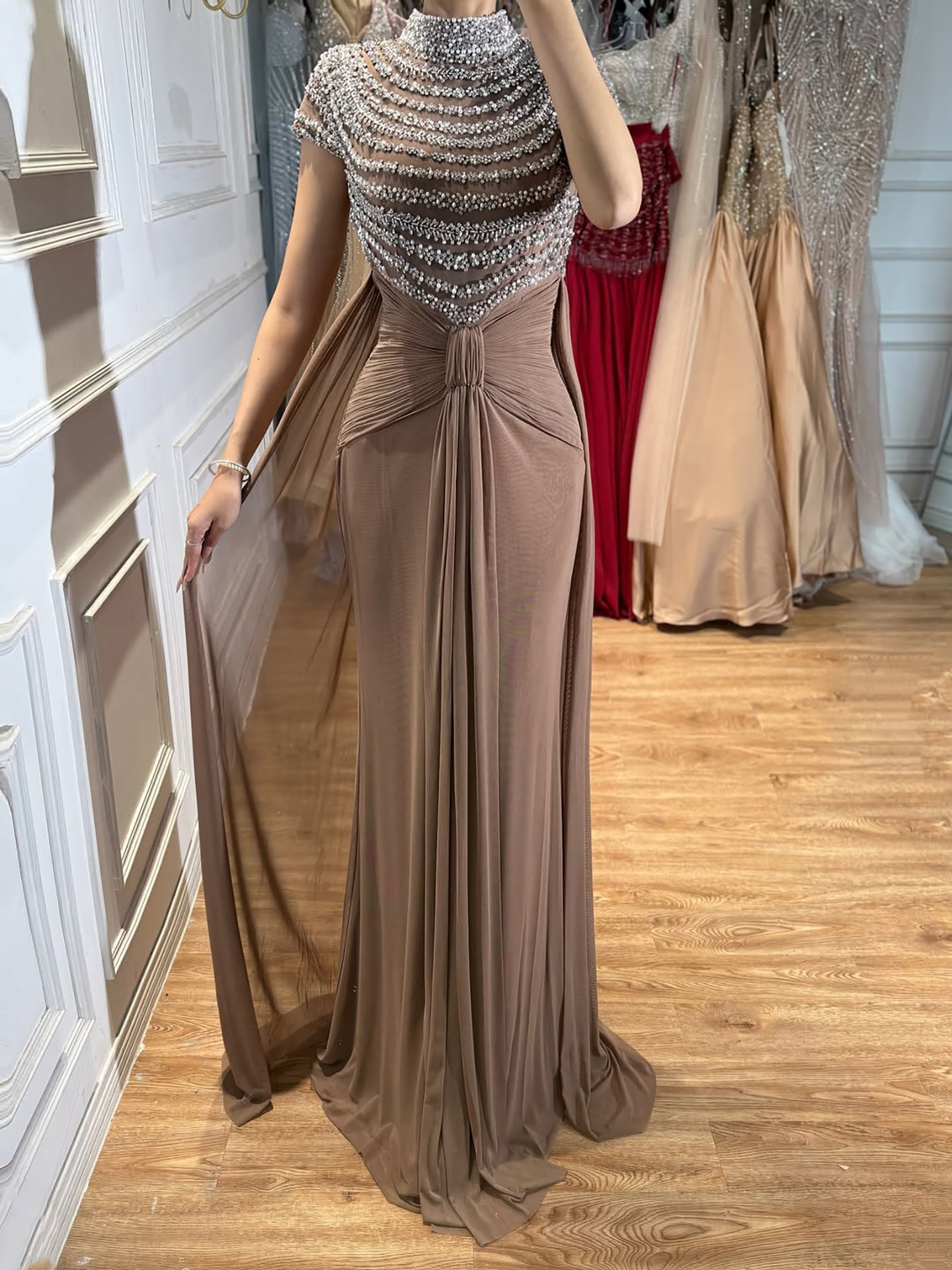 Luxury Caramel High-Neck Beaded Ruched Mermaid Evening Dress LA73825