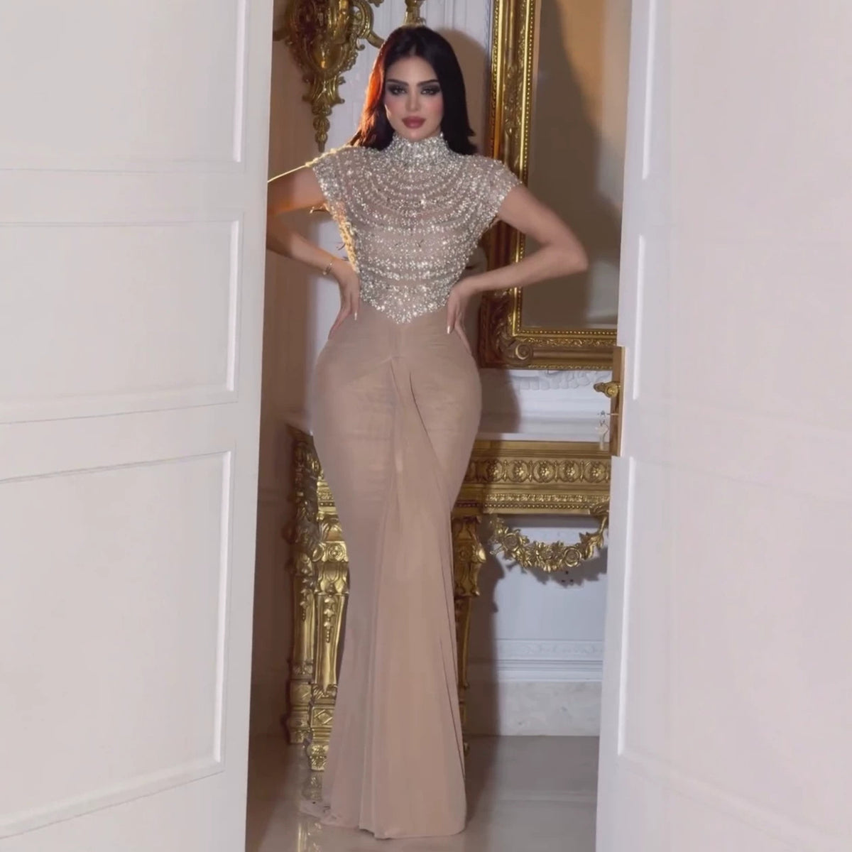 Luxury Caramel High-Neck Beaded Ruched Mermaid Evening Dress LA73825