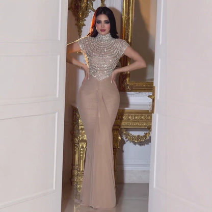 Luxury Caramel High-Neck Beaded Ruched Mermaid Evening Dress LA73825