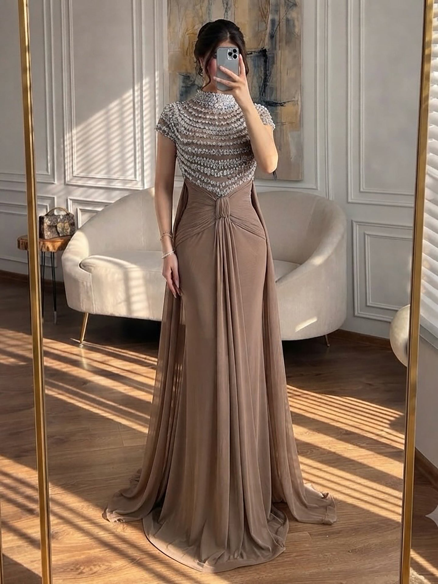 Luxury Caramel High-Neck Beaded Ruched Mermaid Evening Dress LA73825 SERENE HILL