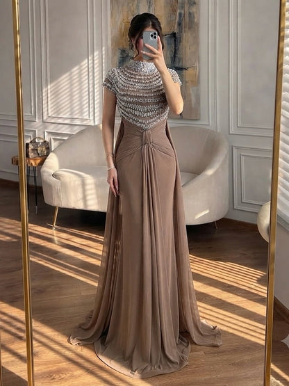 Luxury Caramel High-Neck Beaded Ruched Mermaid Evening Dress LA73825 SERENE HILL