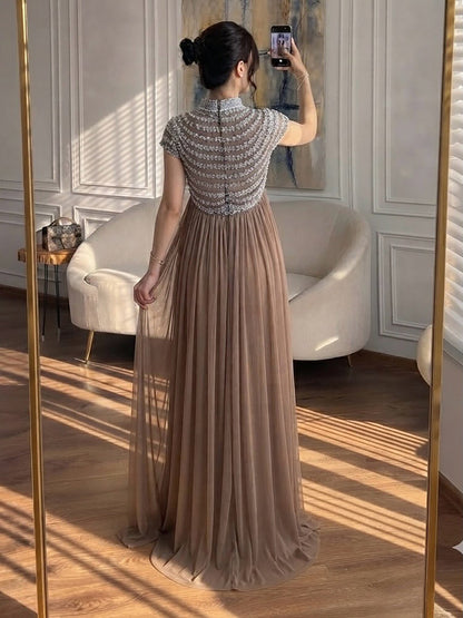 Luxury Caramel High-Neck Beaded Ruched Mermaid Evening Dress LA73825 SERENE HILL