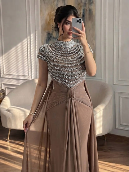 Luxury Caramel High-Neck Beaded Ruched Mermaid Evening Dress LA73825 SERENE HILL