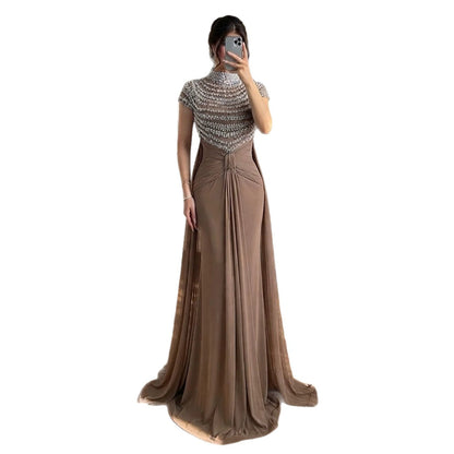 Luxury Caramel High-Neck Beaded Ruched Mermaid Evening Dress LA73825 SERENE HILL