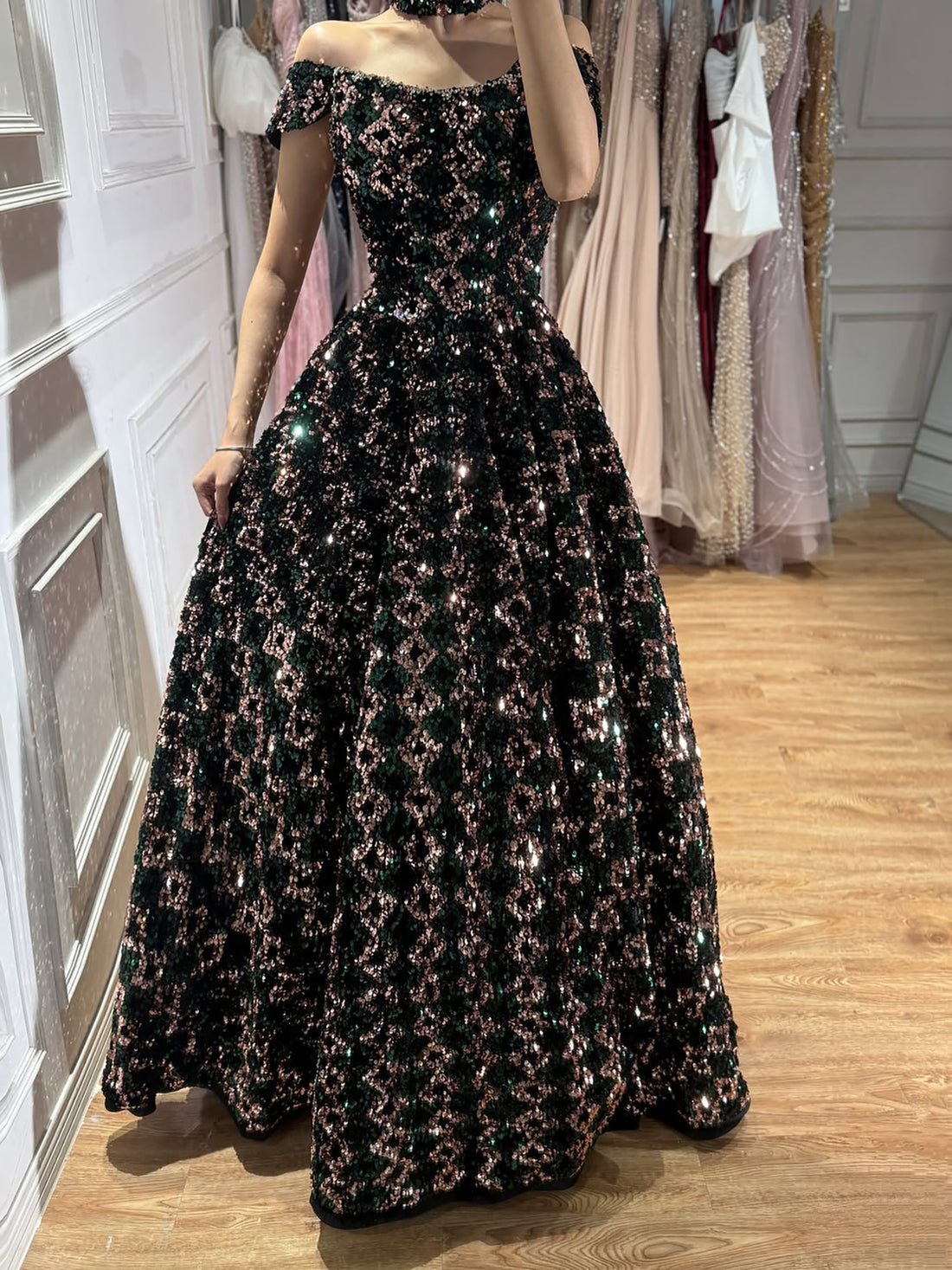 Luxury Off the Shoulder Sequined Beaded A Line Evening Dress LA73826 SERENE HILL