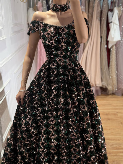 Luxury Off the Shoulder Sequined Beaded A Line Evening Dress LA73826 SERENE HILL