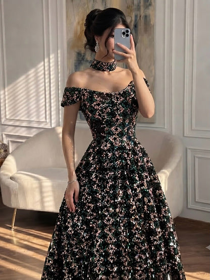 Luxury Off the Shoulder Sequined Beaded A Line Evening Dress LA73826 SERENE HILL