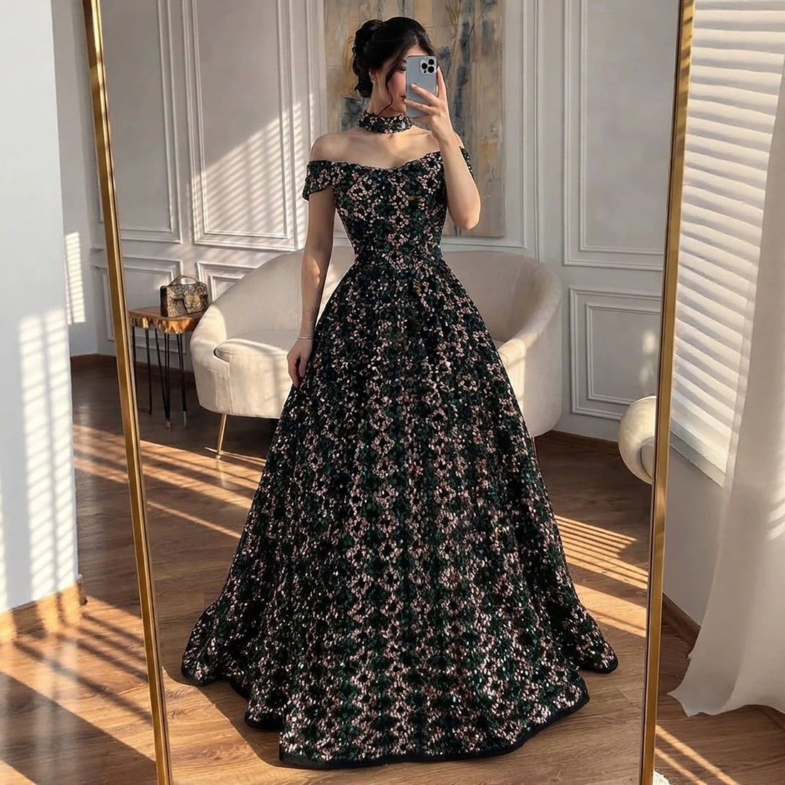 Luxury Off the Shoulder Sequined Beaded A Line Evening Dress LA73826 SERENE HILL