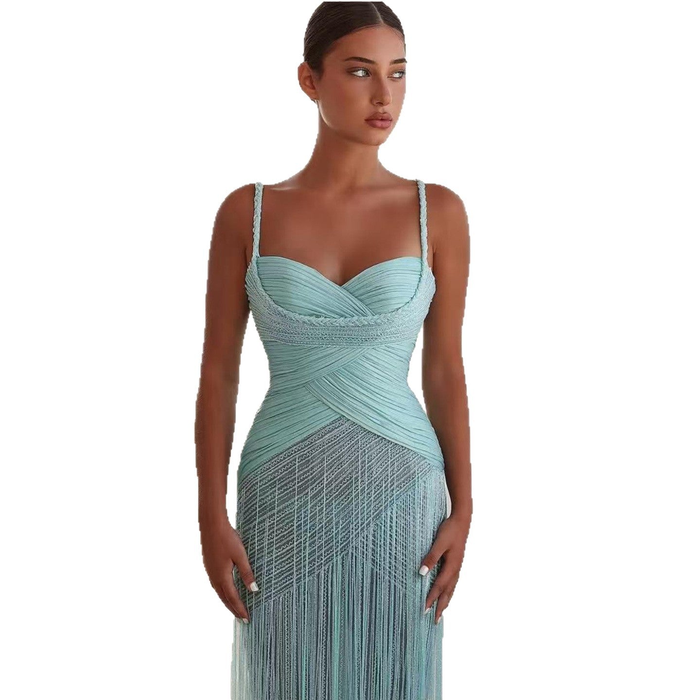 Luxury Tiffany Blue Ruched Beaded Fringe Mermaid Evening Dress LA73833 – SERENE HILL