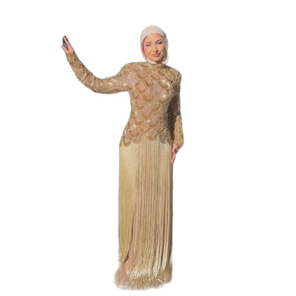 Luxury Gold Beaded High Neck Long Sleeve Tassel Evening Dress LA73834 SERENE HILL