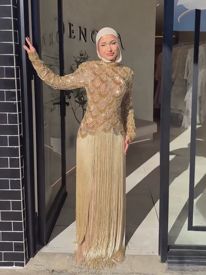 Luxury Gold Beaded High Neck Long Sleeve Tassel Evening Dress LA73834 SERENE HILL
