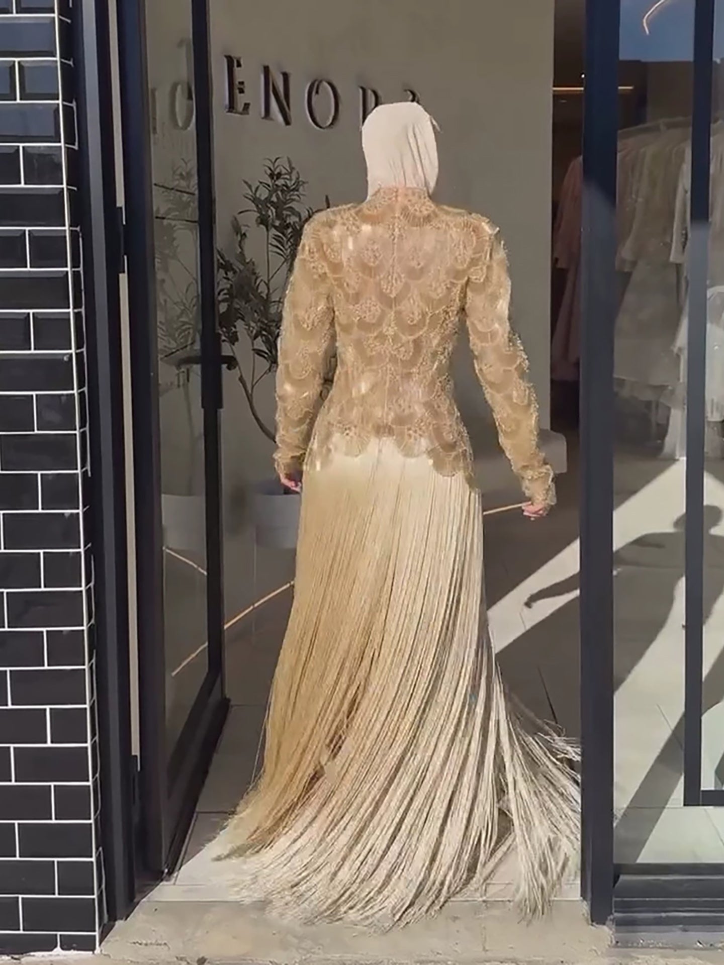 Luxury Gold Beaded High Neck Long Sleeve Tassel Evening Dress LA73834