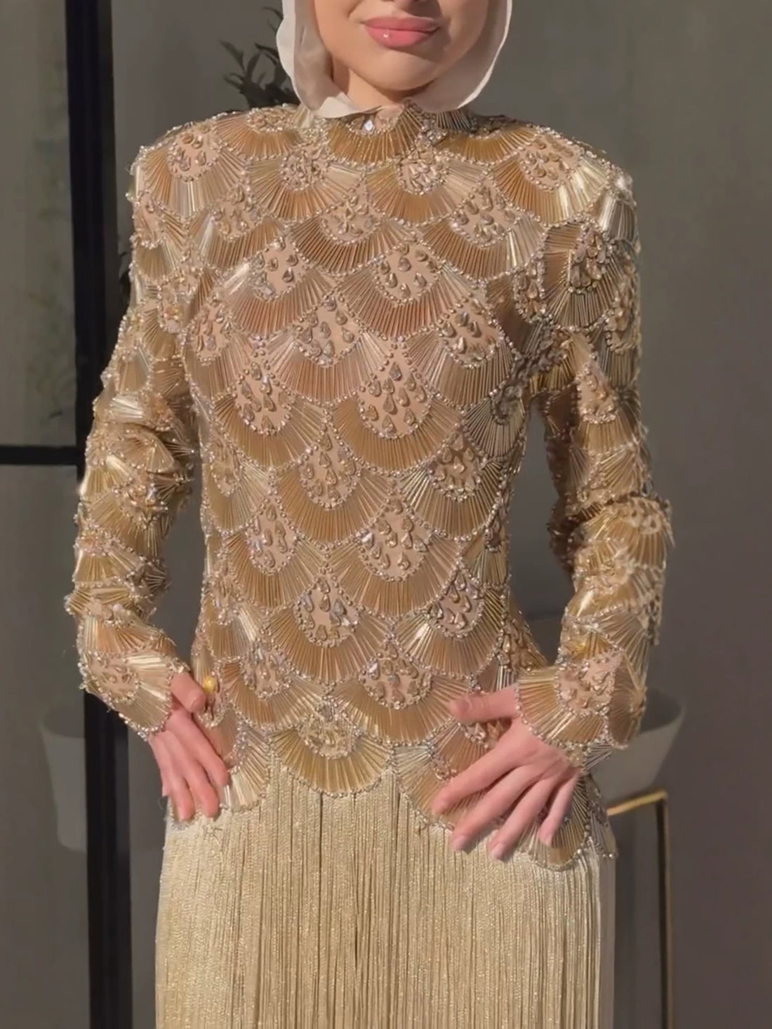 Luxury Gold Beaded High Neck Long Sleeve Tassel Evening Dress LA73834 SERENE HILL