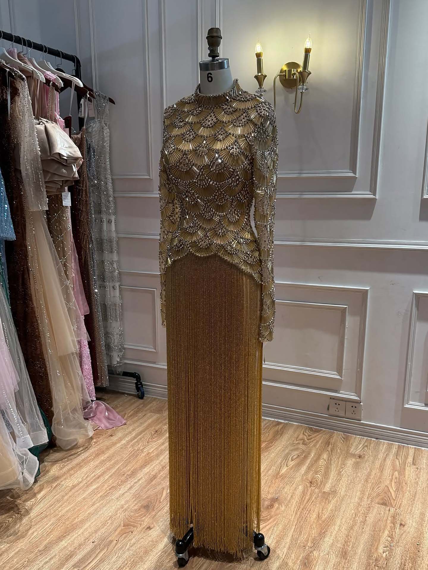 Luxury Gold Beaded High Neck Long Sleeve Tassel Evening Dress LA73834