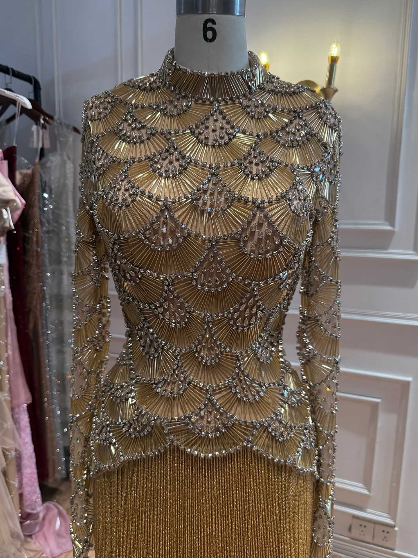 Luxury Gold Beaded High Neck Long Sleeve Tassel Evening Dress LA73834