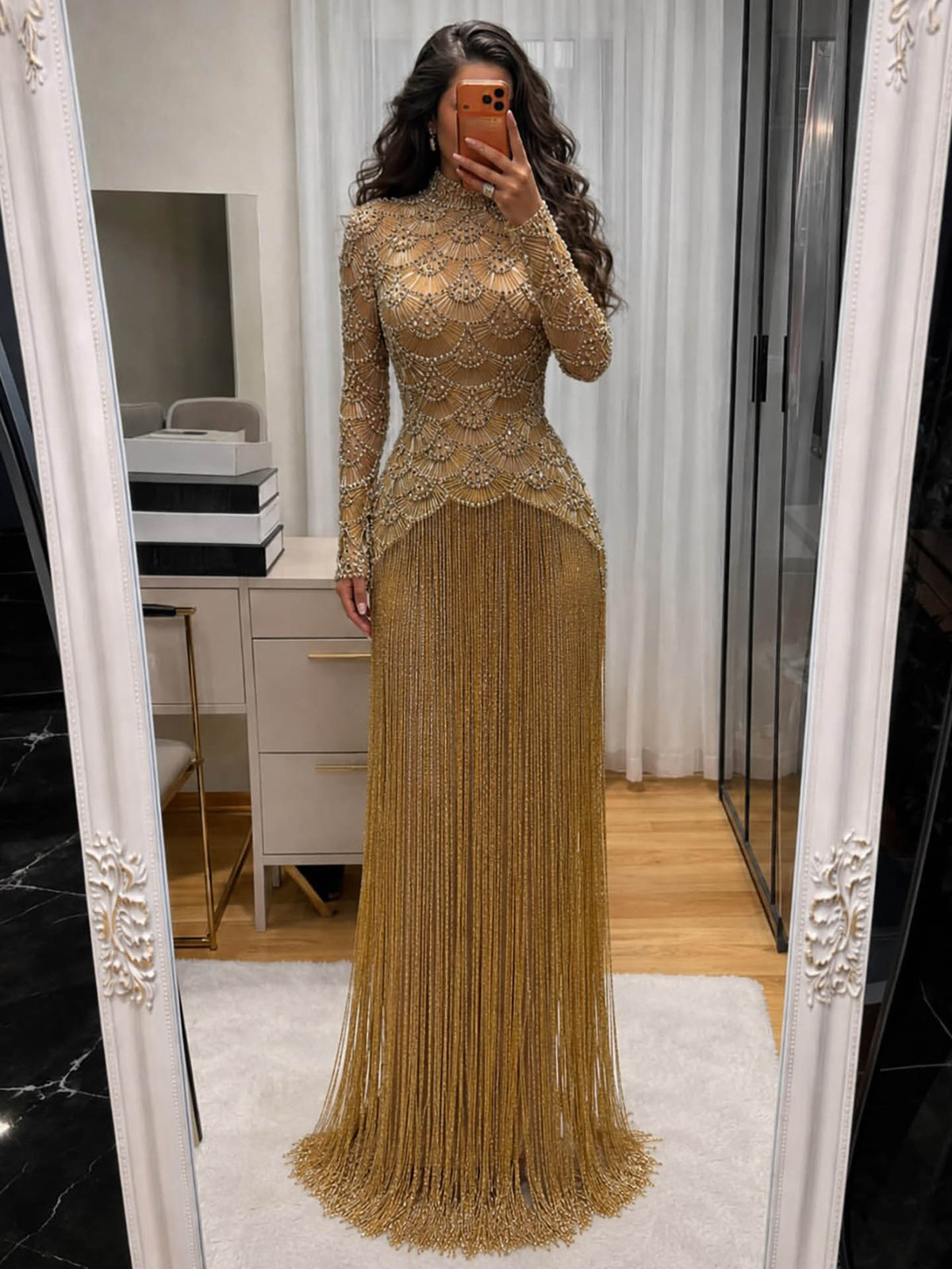 Luxury Gold Beaded High Neck Long Sleeve Tassel Evening Dress LA73834