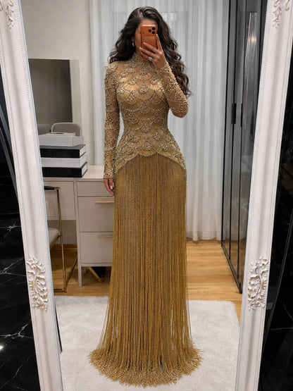 Luxury Gold Beaded High Neck Long Sleeve Tassel Evening Dress LA73834
