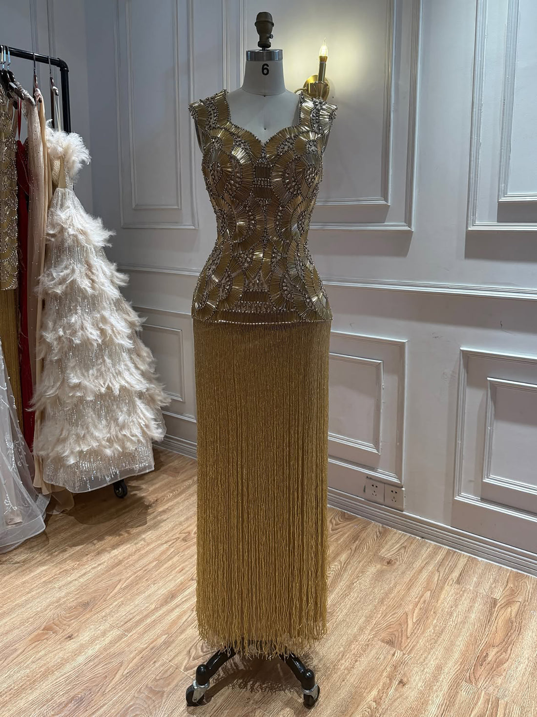 Luxury Gold Sweetheart Scalloped Beaded Fringe Long Dress LA73835