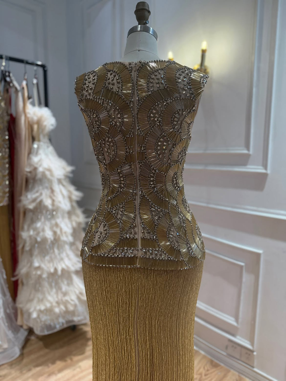 Luxury Gold Sweetheart Scalloped Beaded Fringe Long Dress LA73835
