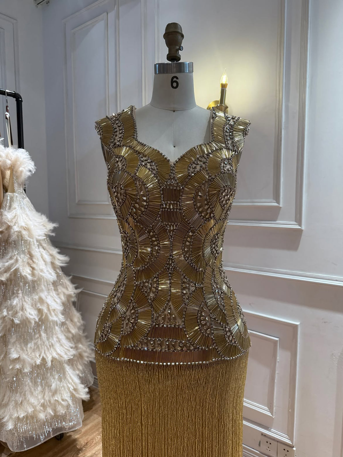 Luxury Gold Sweetheart Scalloped Beaded Fringe Long Dress LA73835