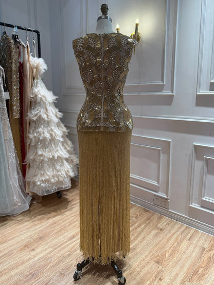 Luxury Gold Sweetheart Scalloped Beaded Fringe Long Dress LA73835