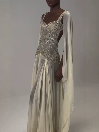 Luxury Yellow Beaded A Line Evening Dress with Cape LA73836 SERENE HILL